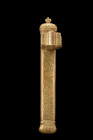 OTTOMAN BRASS PEN CASE WITH INKWELL

 Ca. 19th century AD
 A brass pen case with an attached inkwell. The slender, elegant form of the pen case fea...