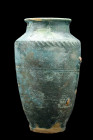 KASHAN GLAZED POTTERY ALBARELLO - DRUG JAR

 Kashan, Persia, Ca. 13th century AD
 A classic pottery albarello jar with layers of intense turquoise ...