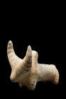 INDUS VALLEY TERRACOTTA BULL IDOL

 Ca. 3rd Millennium BC
 A creme-coloured ceramic figurine of a zebu bull with rondel eyes. Painted with stripes ...