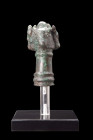 ANCIENT BRONZE MACE HEAD WITH BULL HEADS

 Ca. 1200-700 BC
 A cast bronze mace head composed of a tubular shaft with a collared base and a top ador...