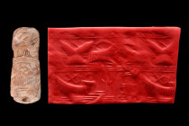 TRANSTIGRIDIAN STONE CYLINDER SEAL - ORIGINAL LAMBERT REPORT

 Ca. 2500-2300 BC
 Cylinder seal of fossil shell. Two registers enclosed within bands...