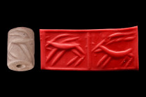 MESOPOTAMIAN STONE CYLINDER SEAL - ORIGINAL LAMBERT REPORT

 Ca. 3000 BC
 Cylinder seal of brown stone. Condition very good. Frieze of two horned a...
