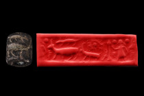 MESOPOTAMIAN STONE CYLINDER SEAL - ORIGINAL LAMBERT REPORT

 Ca. 3000 BC
 Cylinder seal of black stone. Standing woman holding standard, three anim...