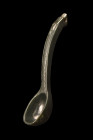 CHINESE JADE SPOON

 Ca. 17th century AD
 A jade spoon with a deep, round bowl and a delicately curved handle, culminating in a pierced top that ad...