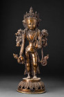 CHINESE BRONZE STANDING GODDESS TARA

Qing Dynasty, Ca. 1644-1912 AD
A bronze sculpture of the divine and awe-inspiring goddess Tara, standing in a...