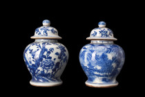 CHINESE PAIR OF BLUE AND WHITE POTICHES

 
 A pair of Chinese blue and white lidded vases that exhibit a classic inverted pear-shaped body with fla...