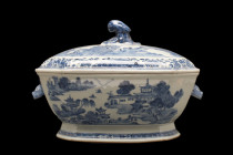 CHINESE BLUE AND WHITE TUREEN

 
 A Chinese blue and white tureen and cover. The body and lid are decorated with a river landscape featuring pagoda...