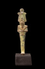 EGYPTIAN BRONZE OSIRIS FIGURE

 Late Dynastic Period, ca. 664-332 BC
 A bronze figure of Osiris in a mummiform position holding the crook and flail...