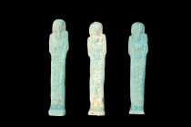 COLLECTION OF THREE EGYPTIAN FAIENCE USHABTIS

 Late Period, 30th Dynasty, Ca. 332 BC
 A group of three light blue faience ushabti figures, each we...