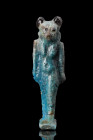 EGYPTIAN FAIENCE AMULET OF SEKHMET

 Ca. 664-332 BC
 An extremely fine and well-preserved, two-tone, turquoise-blue glazed faience composition amul...