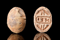 EGYPTIAN STEATITE THUTMOSE SCARAB

 Ca. 1504-1450 BC
 This glazed steatite scarab is inscribed with the cartouche of Thutmose III of Dynasty 18. Th...