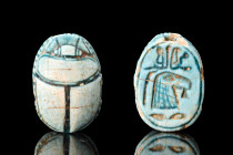 EGYPTIAN TURQUOISE GLAZED STEATITE SCARAB WITH SOBEK

 Ca. 1550-1070 BC
 A delicate and finely detailed turquoise glazed steatite scarab inscribed ...