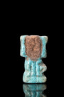 EGYPTIAN FAIENCE SHU AMULET

 Ca. 664-332 BC
 An Egyptian amulet made of turquoise faience of the air god Shu. He is depicted kneeling, with one kn...