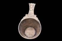 ROMAN SILVER PATERA

 Ca. 1st century AD
 A beautiful silver patera comprising a deep body with gently sloping sides, a rounded rim, and a protrudi...