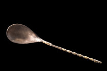 RARE ROMAN SILVER SPOON - LIGULA 

 Ca. 100-300 AD
 A silver ligula spoon with a stunning pear-shaped bowl gracefully joined with a slender, exquis...