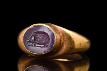 ROMAN AMETHYST HEDGEHOG INTAGLIO IN HEAVY GOLD RING

 Ca. 100-300 AD
 An amethyst intaglio depicting a hedgehog, a creature that has long fascinate...