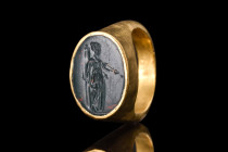ROMAN GOLD RING WITH DIANA BLOODSTONE NTAGLIO

 Ca. 100 BC - 100 AD - Late Republican
 A gold finger ring, Hening type I, of unparalleled beauty an...