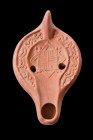 ROMAN NORTH AFRICAN RED WARE OIL LAMP

 Ca. 400-500 AD
 A moldmade red ware oil lamp, a remarkable example of the Hayes II A type. This lamp boasts...