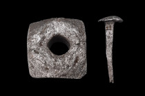 MEDIEVAL IRON MACE AND NAIL

 Ca. 13th-14th century AD
 A group of Medieval iron artifacts, consisting of a mace head and a pin, each crafted with ...