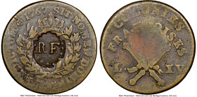 Louis XVI Counterstamped 3 Sous 9 Deniers ND (1793) VG8 Brown NGC, KM1. "RF" countermark on 1767-A Sou (XF Standard). The host coin has seen considera...
