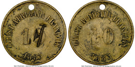 French Colony brass Countermarked 10 Units (50 Francs) 1883 XF Details (Environmental Damage) NGC, Paris mint, cf. KM-Tn8 (without countermark), Lec-2...