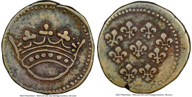 French Colony. Louis XV Sol ND (1721-1723) XF Details (Environmental Damage) NGC, Pondichery mint, Lec-1. 6 dots in crown variety. A very scarce issue...