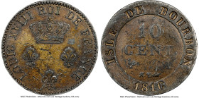French Colony. Louis XVIII 10 Centimes 1816-A XF45 NGC, Paris mint, cf. KM-A1 (reverse), cf. Lec-26 (same). A challenging obv/rev combination unlisted...