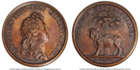 French Colony. Louis XIV bronze Medal 1665 AU58 PCGS, Divo, 83, Lec-3. 41mm. By J. Mauger. LUDOVICUS XIII REX CHRISTIANISS his bust facing right // CO...