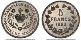 French Protectorate. Ranavalona III aluminum Fantasy Specimen Pattern 5 Francs 1883 SP64 PCGS, Paris mint, KM-X3b, Lec-18. Plain edge variety. Impecca...