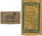 French Colony 4-Piece Uncertified Lot of Assorted "Coinage Stamp" 1916-1918, 1) 2 Francs Dog (gray carton), Lec-75 2) 25 Centimes Zebu bull (gray cart...