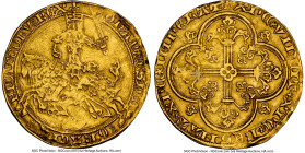 Jean II le Bon Franc à cheval ND (1350-1364) AU53 NGC, Paris mint, Fr-279. 3.75gm. (lis) IOhAnnЄS: DЄI | : GRACIA: | FRAnCORV': RЄX, armored knight on...