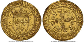 François I (1515-1547) gold Ecu d'Or a la petite croix ND (from 1519) MS62 NGC, Grenoble mint (flower mintmark), Fr-347, Dup-775 var. 3.44gm. 5th type...