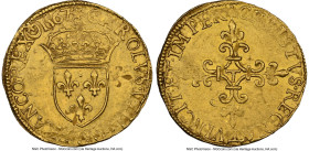Charles IX gold Ecu d'Or au Soleil 1567-T MS62 NGC, Nantes mint, FR-378. 3.36gm. CAROLVS • VIIII • D • G • FRANCO • REX (star upon crescent) 1567, sun...