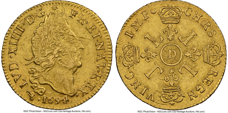 Louis XIV gold Louis d'Or 1694-D MS61 NGC, Lyon mint, KM302.6. Flan réformé. Thi...