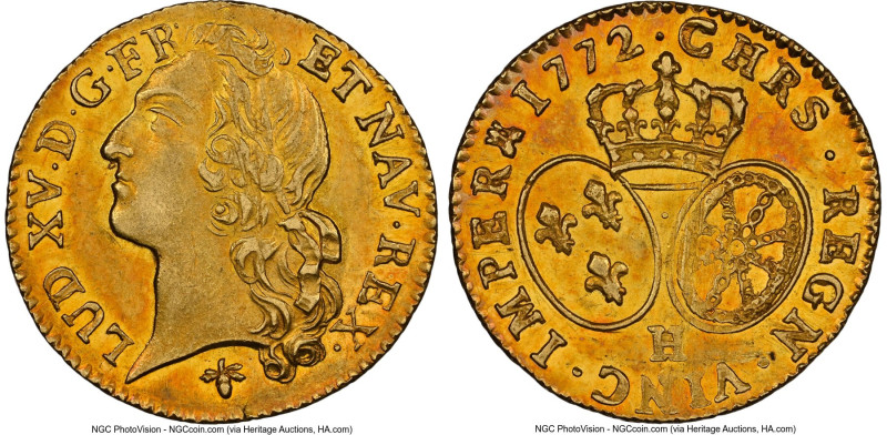 Louis XV gold Louis d'Or 1772-H MS61 NGC, La Rochelle mint, cf. KM513.9 (date un...