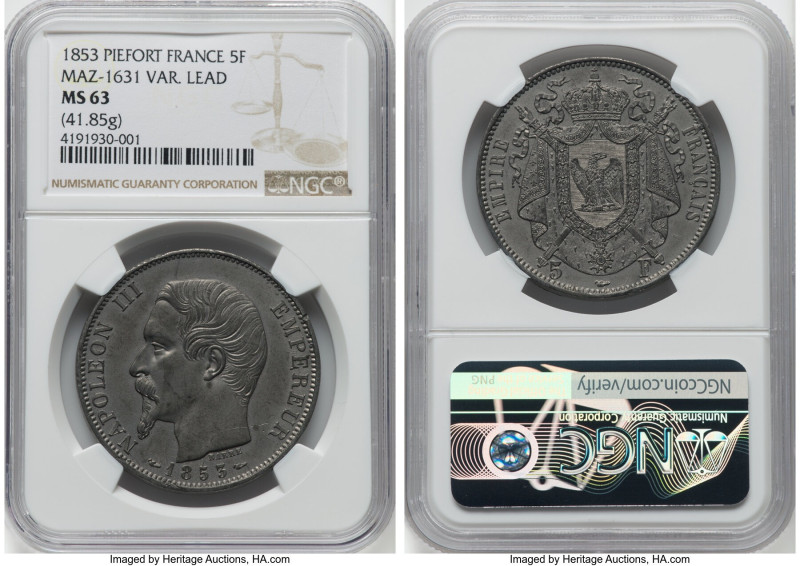 Napoleon III lead Piefort Essai 5 Francs 1853 MS63 NGC, Gad-728, Maz-1631 (only ...