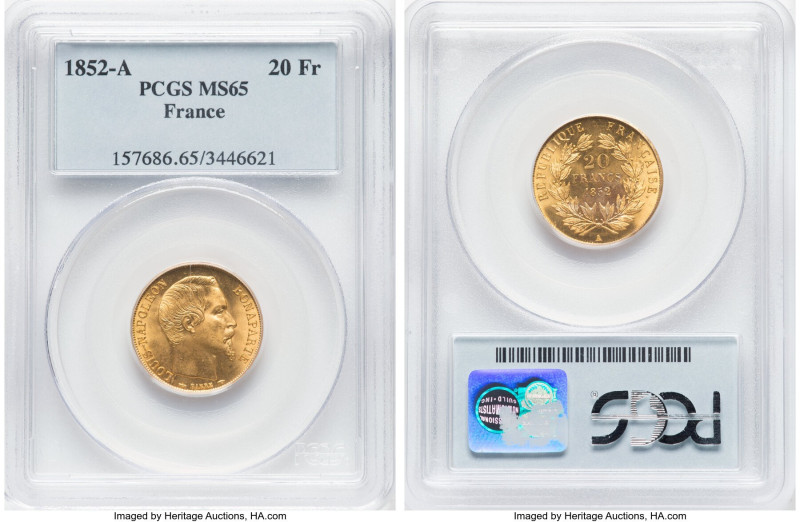 Napoleon III gold 20 Francs 1852-A MS65 PCGS, Paris mint, KM774. An attractive G...