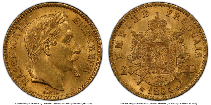 Napoleon III gold 20 Francs 1864-BB MS64 PCGS, Strasbourg mint, KM801.2, Gad-106...