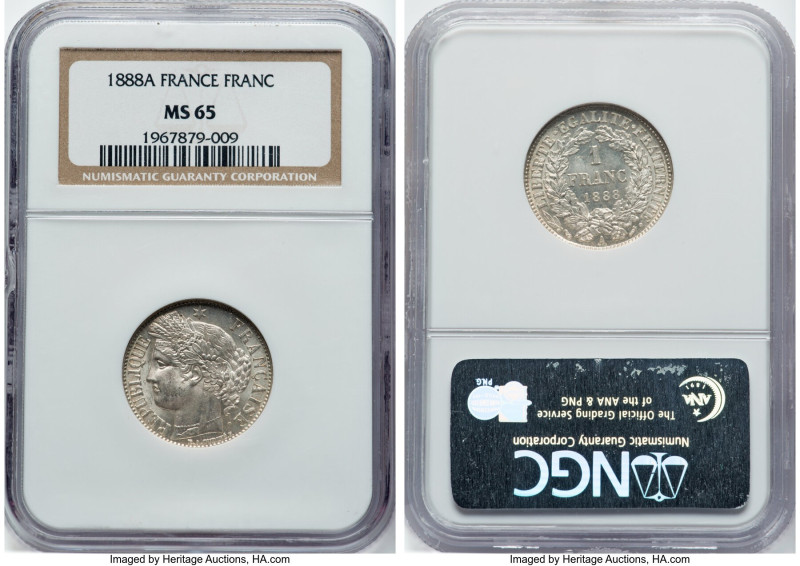 Republic Franc 1888-A MS65 NGC, Paris mint, KM822.1. A little luster-bomb of a c...