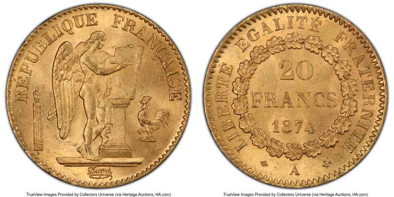 Republic gold 20 Francs 1874-A MS65 PCGS, Paris mint, KM825, Gad-1063, F-533. Ab...