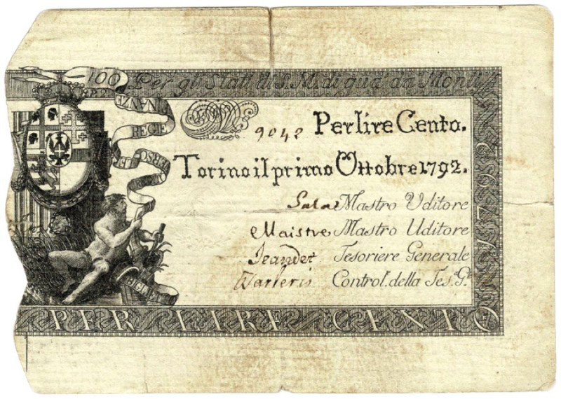 Carlo Emanuele IV - 100 Lire 01 10 1792 gav.01.0066 R bella carta peccato per il...