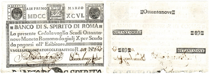 Stato Pontificio - Banco di Santo Spirito di Roma - cedola da 89 scudi 01 03 179...