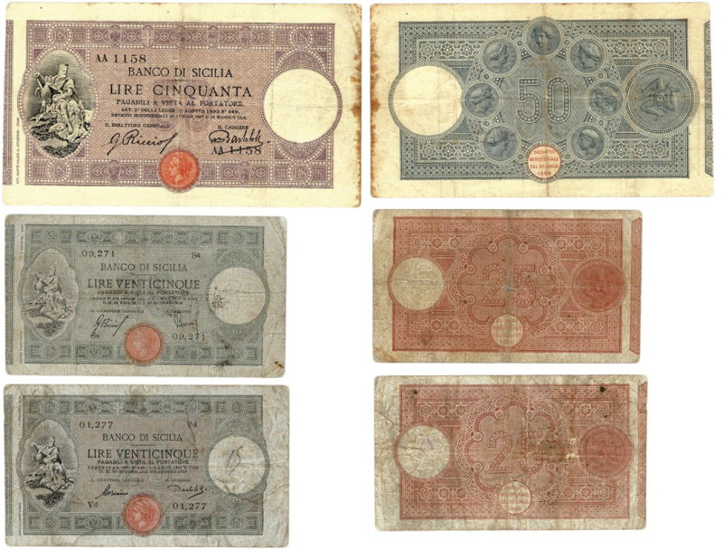 Lotto di 3 biglietti Banco di Sicilia:25 lire banco di sicilia 23 06 1918 R2 gig...