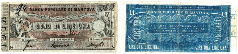 BANCA POPOLARE DI MANTOVA 1867-1868 1 LIRA GAV.06.0500.3 R3 RRR BB+ NATURALE PIC...