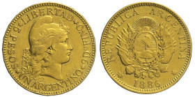 ARGENTINA - Repubblica (dal 1862 - ) 5 pesos o Argentino 1886 Fr 14 AU Oro gr. 8,02 colpetti al bordo 21,57mm
BB/SPL