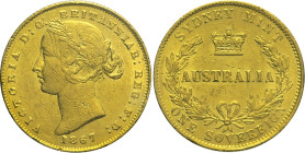 AUSTRALIA -Vittoria (1837-1901) Sterlina 1867 Sydney Fr 10 AU Oro Periziata Luca Manfredini SPL+/qFDC 21,84mm
SPL+/qFDC
