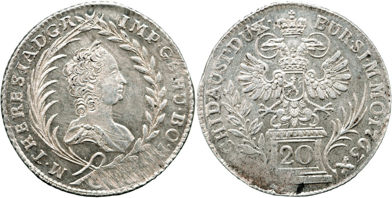 AUSTRIA - Maria Teresa (1740-1780) 20 Kreuzer 1763 Praga Herinek 929 AG gr. 6,66...