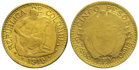 COLOMBIA - Repubblica (1886- ) 5 Pesos 1919 Bogotà AU Oro Fr 110 gr. 7,98 21,43mm
BB/SPL