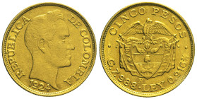 COLOMBIA - Repubblica (1886- ) 5 Pesos 1924 Bogotà Fr 113 AU Oro gr. 7,91 21,43mm
qSPL