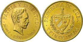 CUBA - Repubblica (1902 - ) 20 Pesos 1915 AU KM 21 Oro gr. 33,46 Ottimo lustro di conio 34,35mm
qFDC